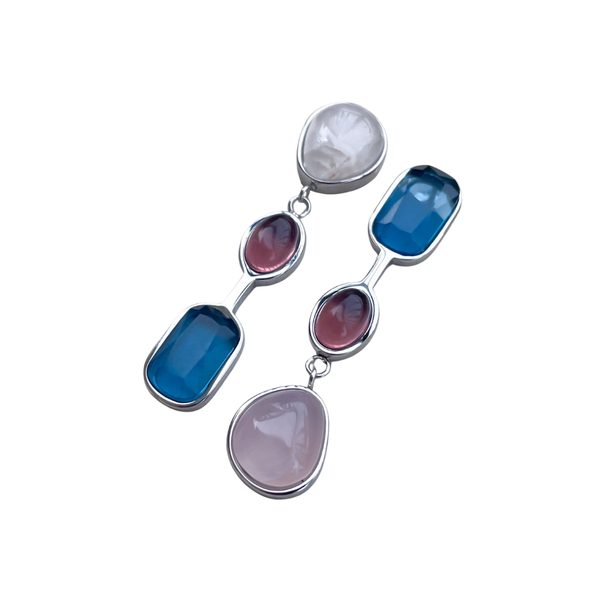 Elegant Asymmetrical Glass Stone Silver Color Earrings