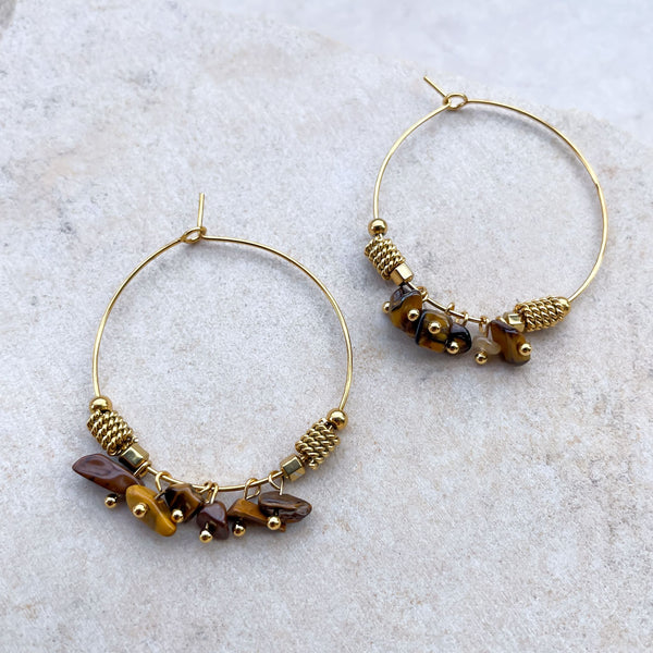 Tiger Eye Semi-Precious Stone Tribal Hoops Earrings