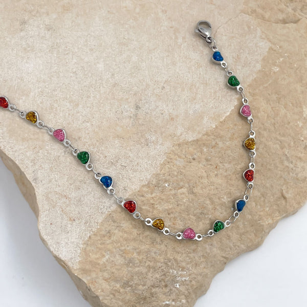 Silver Colorful Heart Shaped Stones Anklet