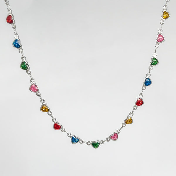 Silver Colorful Heart Shaped Stones Necklace